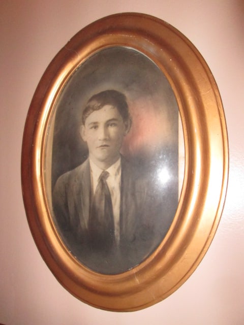 Antique Hand Colored Portrait of Young Man in Oval Gilt Frame with Convex Bubble Glass: 19" x 25"