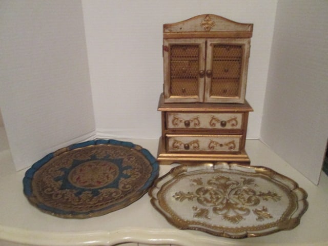 Florentine Style Oval Tray, Round Tray and Jewelry Box: Oval tray 13 1/2" x 10", Round tray 12 3/4"dia, Jewelry box 9 1/4" x 5 1/4" x 14 3/4"(right door needs hinges nailed and one drawer missing a pull)