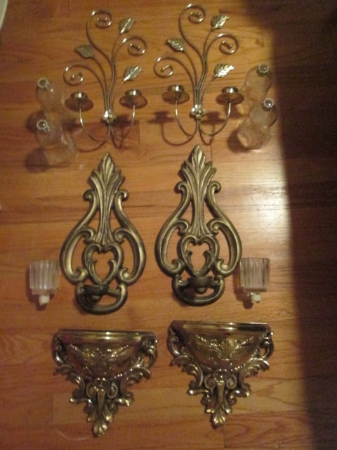 Two Pair of Gold Tone Metal Candle Wall Sconces and Pair of Molded Gold Wall Pockets: .