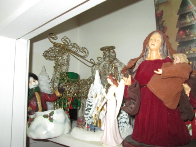 Small Closet of Christmas Decorations and Tableware: Tree Skirt, Centerpieces, Chargers, Candles, Angels, Throws, etc. See pictures and preview, Bring Boxes-Local Pickup Only