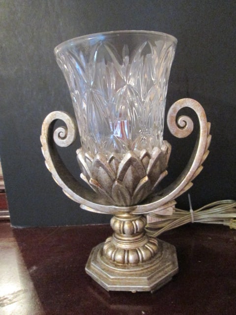 Antiqued Pewter Tone Sculpted Torchiere Accent Lamp with Crystal Hurricane Shade: 11 3/4"h