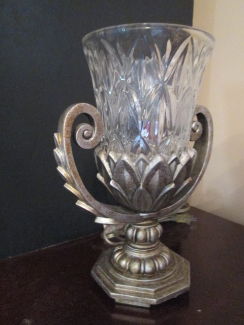 Antiqued Pewter Tone Sculpted Torchiere Accent Lamp with Crystal Hurricane Shade - 2