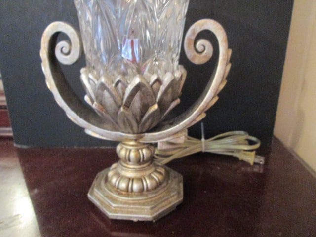 Antiqued Pewter Tone Sculpted Torchiere Accent Lamp with Crystal Hurricane Shade - 4
