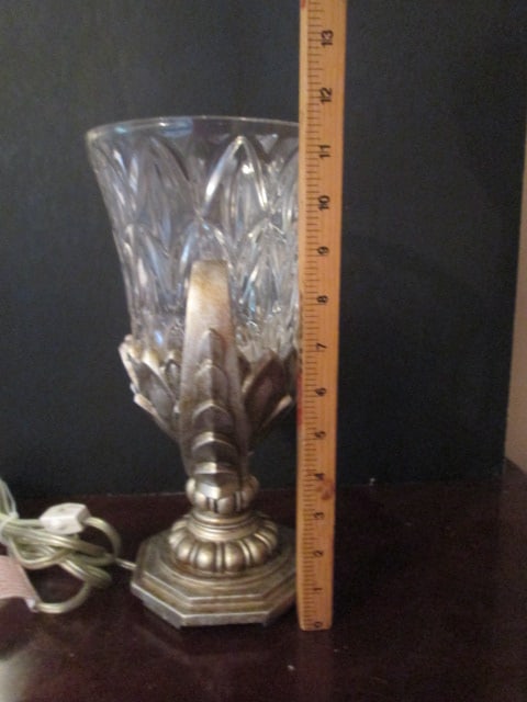 Antiqued Pewter Tone Sculpted Torchiere Accent Lamp with Crystal Hurricane Shade - 6