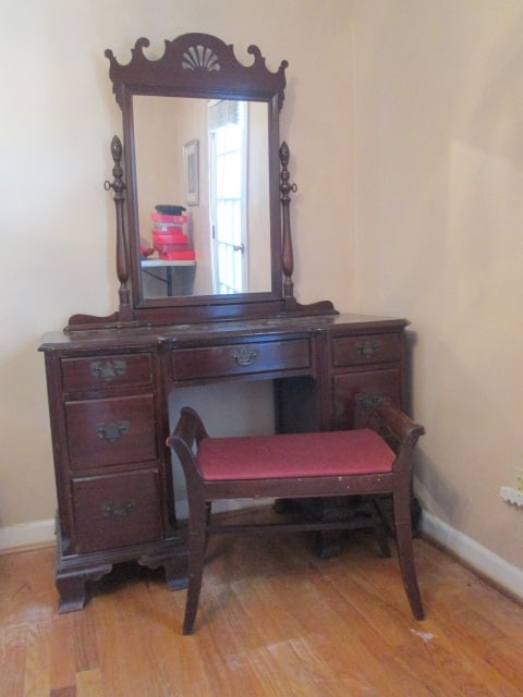 Vintage Mahogany Vanity with Stand Mirror and Bench Stool: Vanity 46 3/4" x 18" x 30 1/2", Mirror 41" x 39 3/4", Stool 26" x 14 1/2" x 21 1/2"