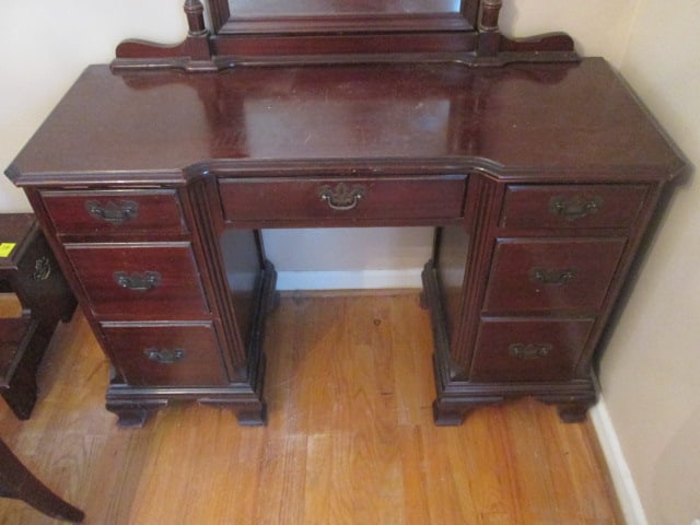 Vintage Mahogany Vanity with Stand Mirror and Bench Stool - 3