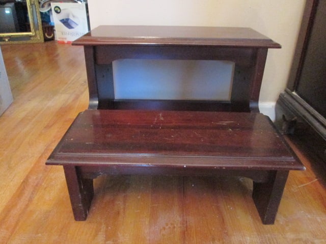 Mahogany 2 Step Bedside Step Stool: 19 1/2" x 19" x 14", brass handles, some scratches, Local Pickup Only