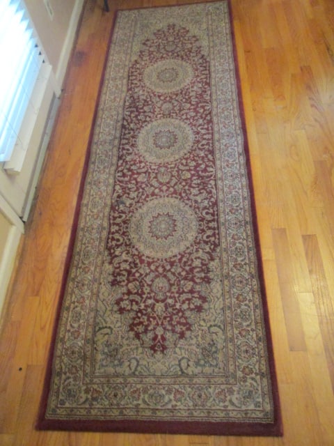 Burgundy/Beige Border Runner: 31" x 99", needs vacuuming/spot cleaning, Local Pickup Only