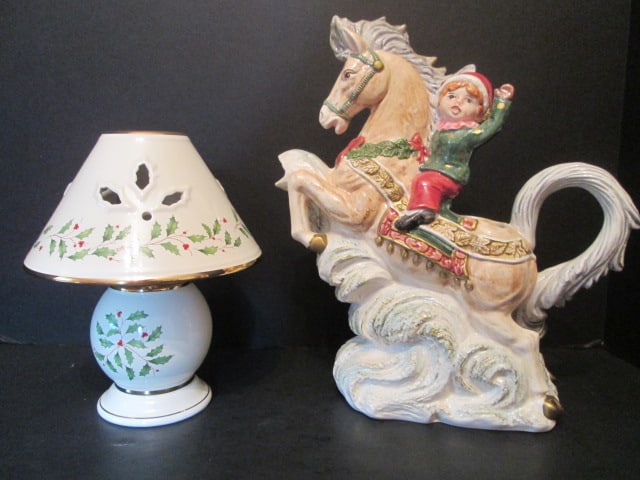 Lenox Holiday Tea Light Lamp and 1995 Omnibus by Fitz & Floyd Elf on Christmas Horse Pitcher: Lamp 8"h, Pitcher 11 1/2"h