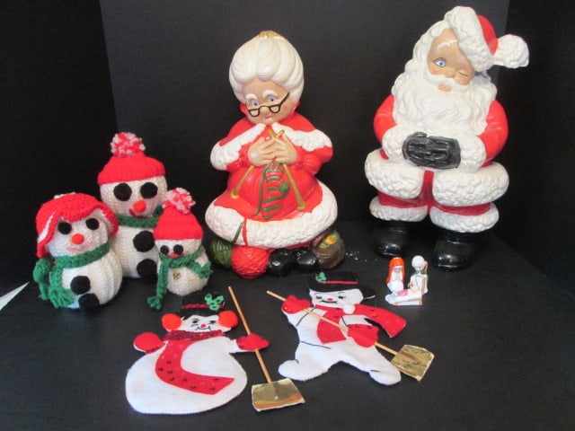 Vintage Hand Crafted Christmas Crocheted Snowman Family, Felt Snowman Couple,: Plaster Mrs. Claus and Santa and Napco 3 Pc. Porcelain Nativity Set. Santa has been repaired and has a hole in hat.