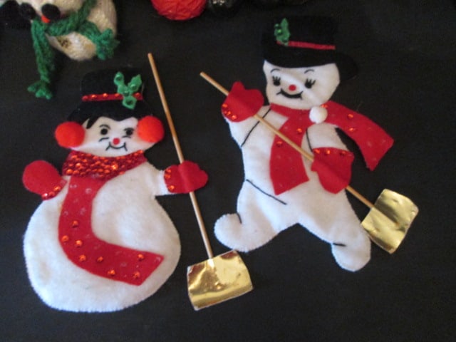 Vintage Hand Crafted Christmas Crocheted Snowman Family, Felt Snowman Couple, - 5