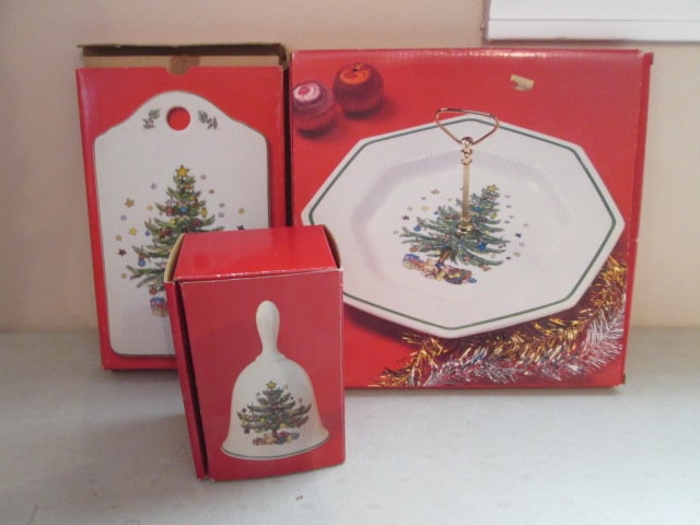 Nikko Christmastime Dinner Bell, Ceramic Snack/Cheese Board and Handled Serving Tray: All in Original Boxes