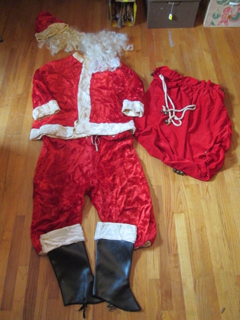 1970's Plush Santa Suit: Suit includes hat, jackets, pants, wig, beard, boot covers and velour Santa toy bag