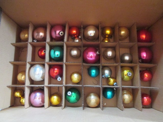 Old Card Board Ornament Box with Assortment of Solid Color/Size Glass Ball Ornaments - 3