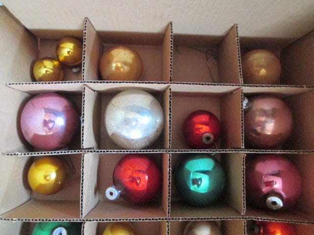Old Card Board Ornament Box with Assortment of Solid Color/Size Glass Ball Ornaments - 4
