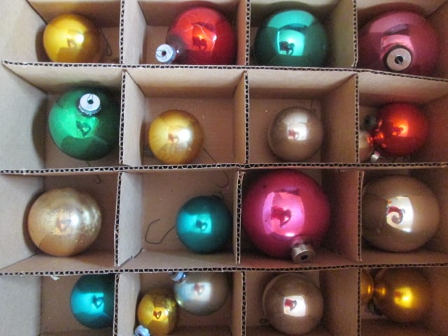 Old Card Board Ornament Box with Assortment of Solid Color/Size Glass Ball Ornaments - 5