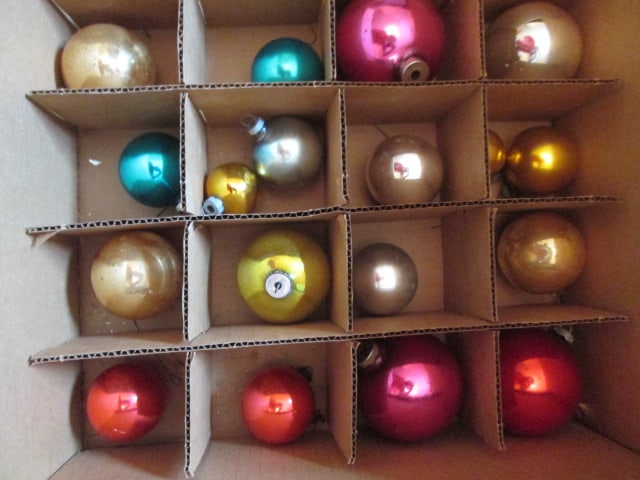Old Card Board Ornament Box with Assortment of Solid Color/Size Glass Ball Ornaments - 6