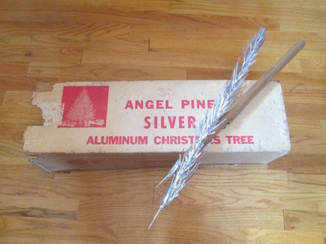 Vintage Midcentury Modern Coatings Inc. Angel Pine Silver Aluminum 6 1/2 ft. Christmas Tree in Or...: per consigner tree is complete with stand, box and sleeves are brittle from storage/age