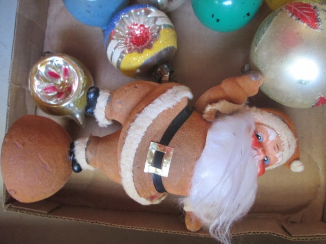 Grouping of Old Glass Ornaments and Felted Molded Santa - 8