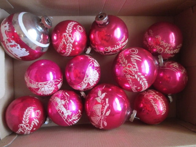 12 Vintage Magenta Stenciled Glass Ornaments (1 of 4)
