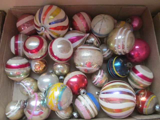 Assorted Mercury Glass "Sugared" Classic Stripe Design Ornaments: .