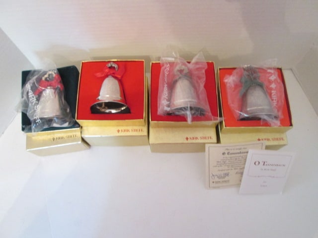 Four Lenox by Kirk Stieff Silverplated Musical Bell Ornaments in Original Boxes: three have COAs
