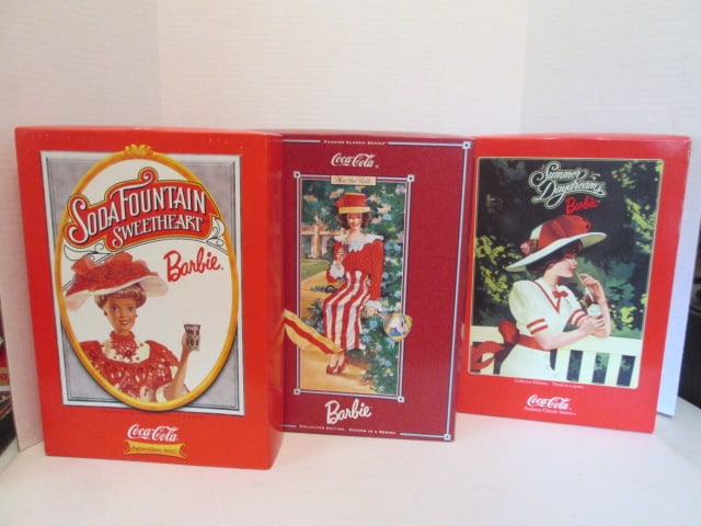 1990's Mattel Coca-Cola Fashion Classic Series Barbie Dolls in Original Boxes: 1996 "Soda Fountain Sweetheart" 1st in Series, 1997 "After the Walk" 2nd in Series and 1997 "Summer Daydreams" 3rd in Series