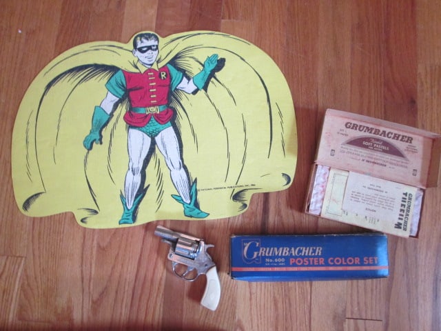 1966 National Periodical Publications "Batman Robin Boy Wonder" Placemat,: Volcanic 22 Toy Pop Gun and Sets of M. Grumbacher No. 600 Poster Color Set and Set No. 1 Pastels