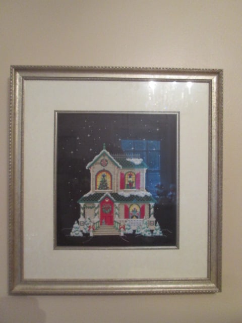 Framed and Matted Victorian Home at Christmas Time Cross Stitch: 20 1/4" x 21 1/2"