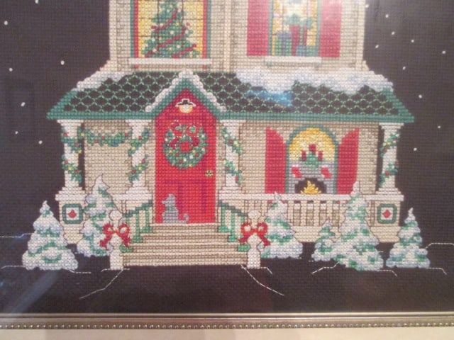 Framed and Matted Victorian Home at Christmas Time Cross Stitch - 4
