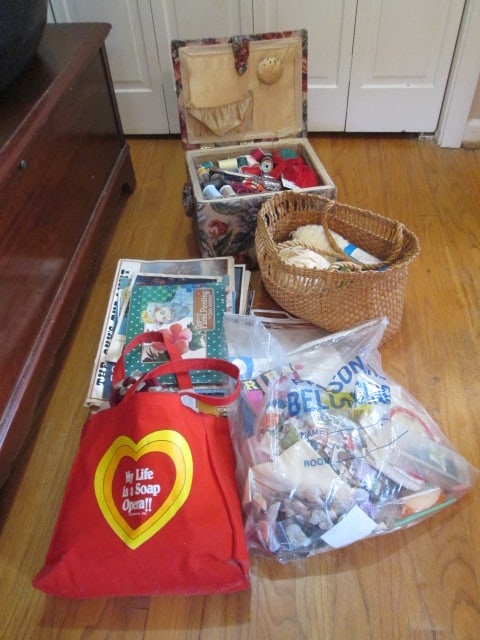 Crafting Supplies-Cross Stitch/Embroidery Patterns, Embroidery Floss, Yarn,: Tapestry Covered Sewing Box with Sewing Sundries, Ginger Shears, 1960-70's Painting Step by Step Books, etc. See all pictures and preview, Local Pickup Only