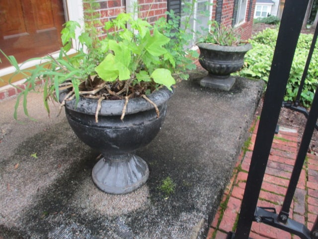 Two Painted Black Concrete Pedestal Planters: 15"dia x 12"h, 14"dia x 15"h, both have dirt in them, Local Pickup Only