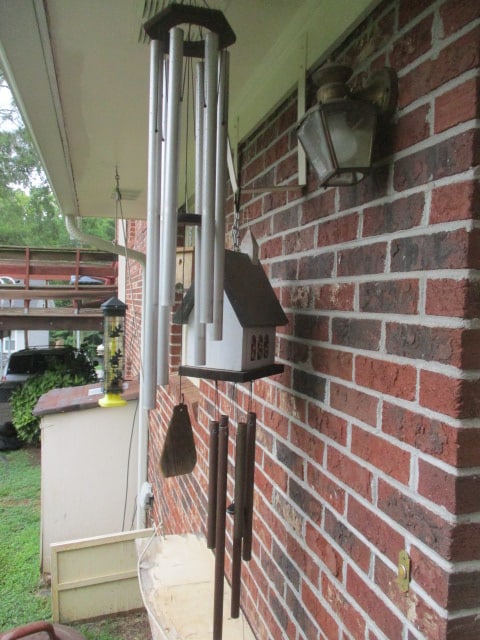 Two 6 Tube Wind Chimes: One chime has church shape birdhouse with dove weight, some weathering, Local Pickup Only