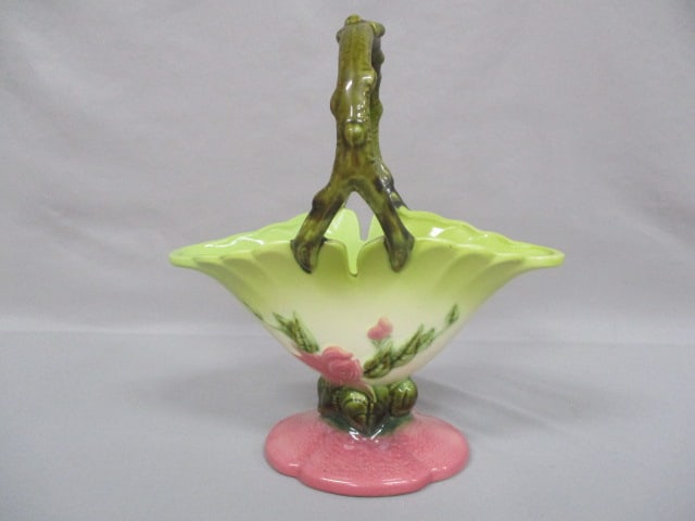 Vintage Hull Pottery Large Basket Gloss Glazed 10.5" x 12.5": "Woodland" Pattern W22-10 1/2"