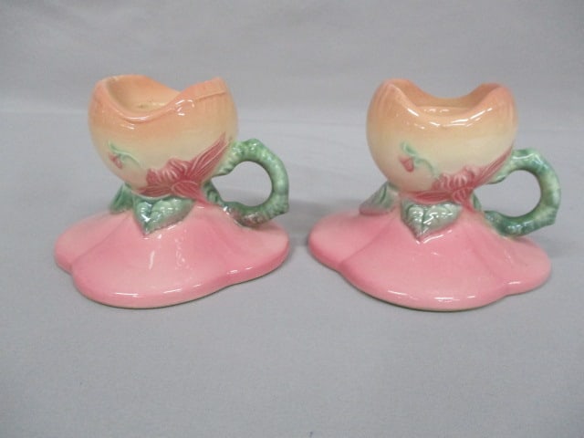 2 Hull Pottery Candle Holders Gloss Glazed 5" x 3.5": "Woodland" Pattern W30