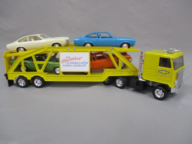 Vintage Chevrolet "Heartbeat of America" Semi Car Carrier Truck 19.5": With 4 Chevrolet Vega Model Cars 7" by Ertl