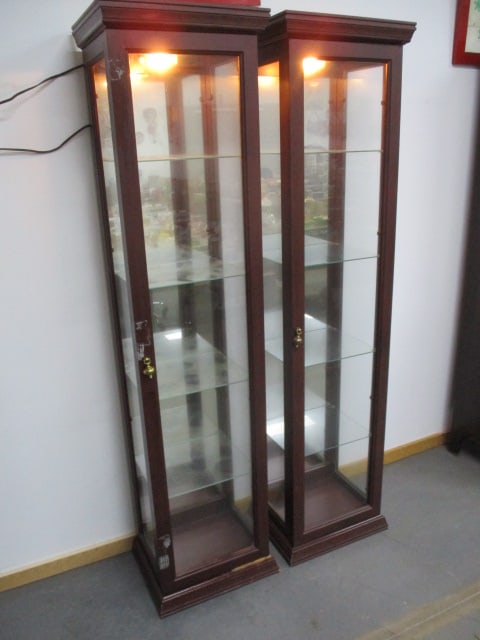 2 Lighted Cherry Veneer Curio Cabinets w/4 Glass Shelves: 1 Has Damage to Veneer on Bottom & Has Tape Residue on Door - See All Pictures