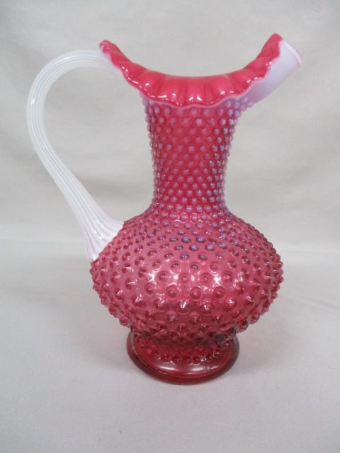 Vintage Fenton Cranberry Opalescent Hobnail Glass Pitcher: with White Ribbed Applied Handle 10.5"