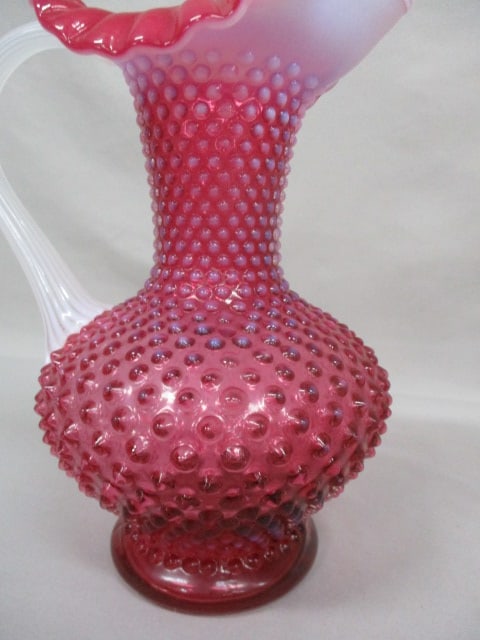 Vintage Fenton Cranberry Opalescent Hobnail Glass Pitcher - 3