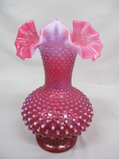 Fenton Cranberry Opalescent Hobnail Vase w/Ruffled Edge 11": .