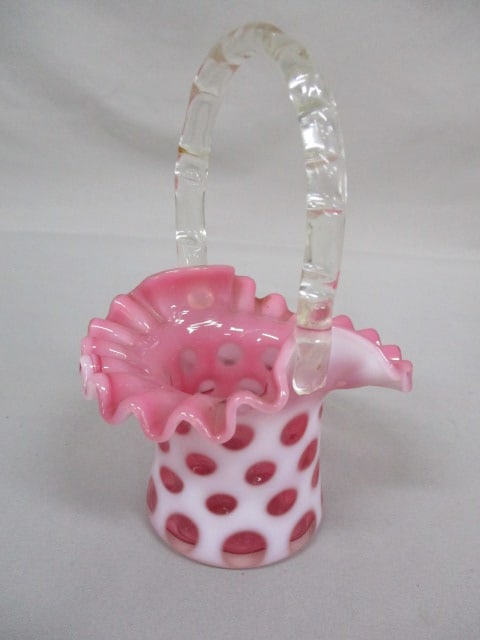 Fenton Cranberry Opalescent Coin Dot Basket w/Clear Glass Handle: 4.5" x 6.5"