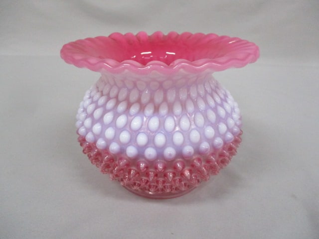 Fenton Cranberry Opalescent Hobnail Rose Bowl w/Crimped Edge: 5.5" x 4.5"