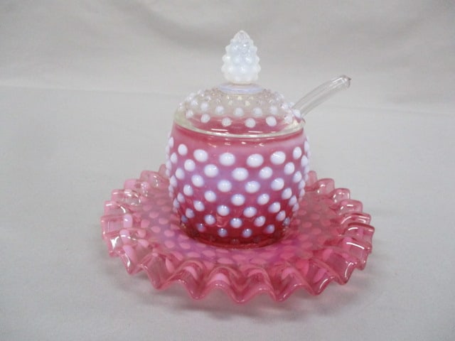 Fenton Cranberry Opalescent Hobnail Jam/Jelly w/Lid, Spoon and Underplate: .