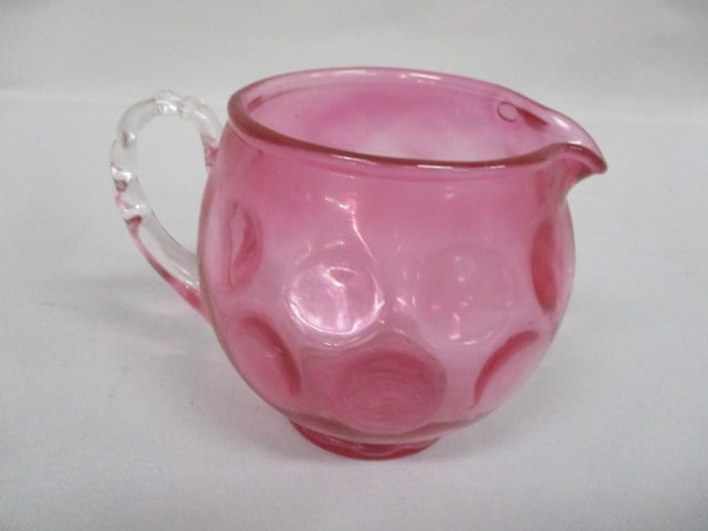 Fenton Cranberry Coin Dot Pitcher w/Clear Glass Handle 4": .