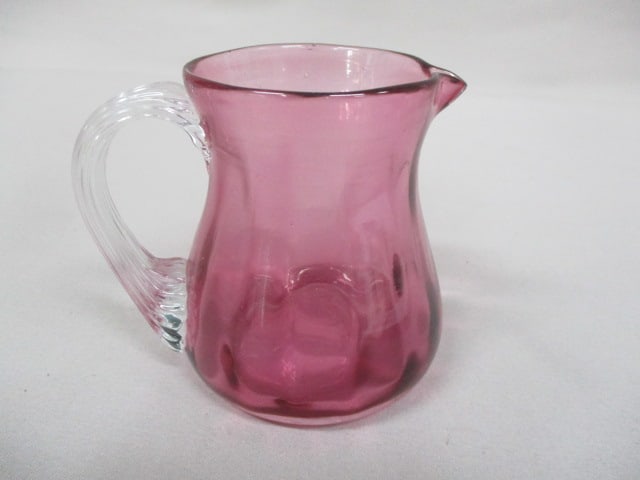 Vintage Pilgrim Cranberry Creamer w/Ribbed Clear Handle 3.5" (1 of 4)