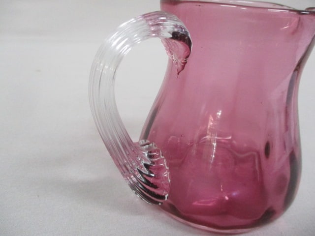 Vintage Pilgrim Cranberry Creamer w/Ribbed Clear Handle 3.5" - 3