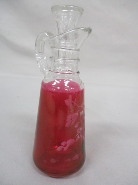 Vintage Anchor Hocking Cranberry Etched Cruet 6.5": .