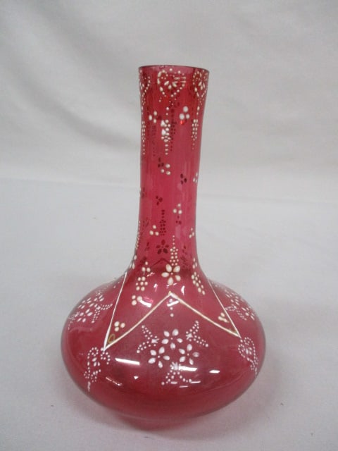 Bohemian Glass Vase w/White Enamel Floral Details 7": .
