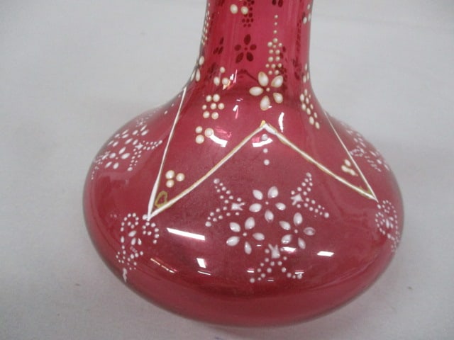 Bohemian Glass Vase w/White Enamel Floral Details 7" - 2