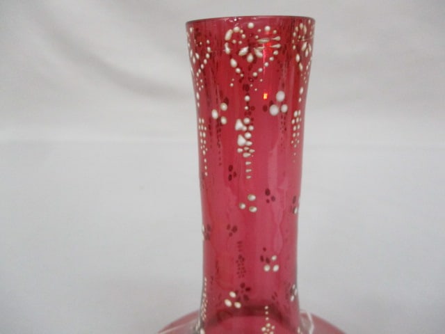 Bohemian Glass Vase w/White Enamel Floral Details 7" - 3